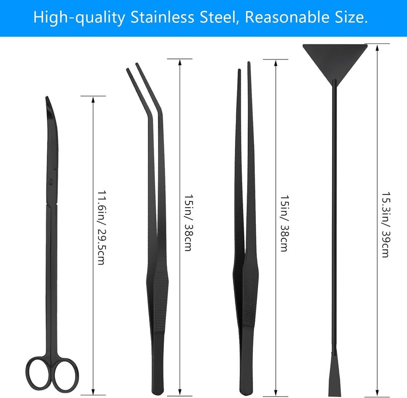 Liveek Aquarium Aquascape Tools Kit 15in, 4 in 1 Anti-Rust Aquatic Plant Aquascaping Tool Stainless Steel Tweezer Scissor Spatula for Aquarium Tank Clean Fish Tank Aquascape Accessories Set (black) - Image 2